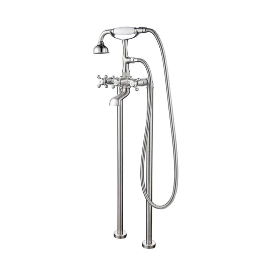 Floor-Mounted Wide Spout Tub Faucet with Hand Shower in Brushed Nickel