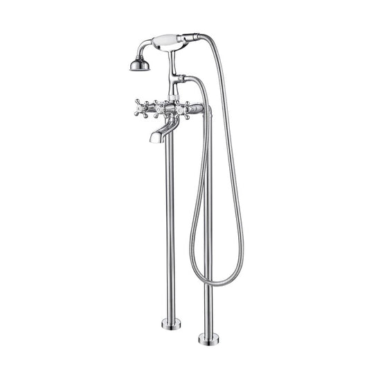 Floor-Mounted Wide Spout Tub Faucet with Hand Shower in Chrome