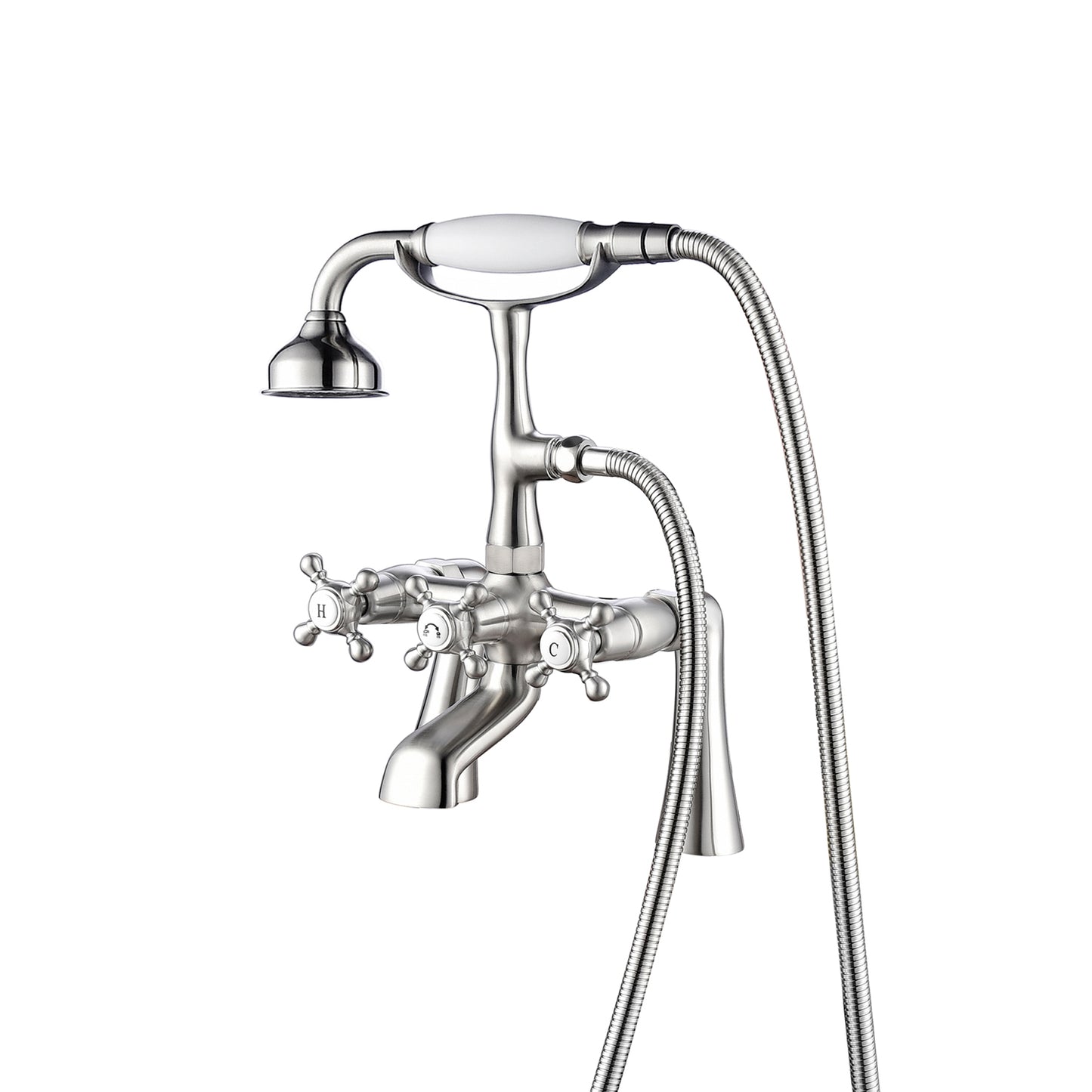 Tub Deck Mount Faucet with Hand Shower & Cross Handles in Brushed Nickel