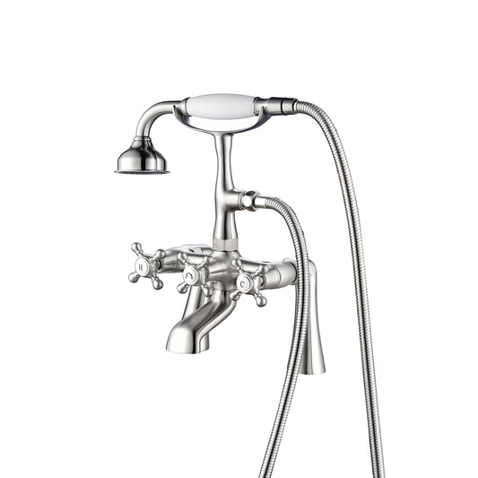 Tub Deck Mount Faucet with Hand Shower & Cross Handles in Brushed Nickel