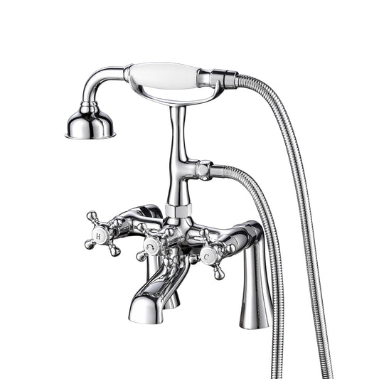 Tub Deck Mount Faucet with Hand Shower & Cross Handles in Chrome