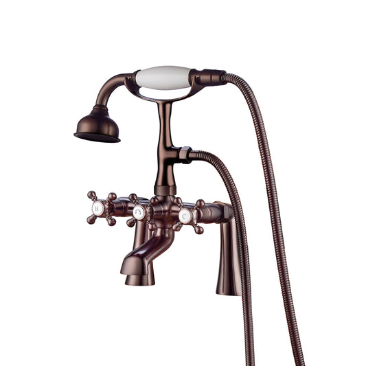 Tub Deck Mount Faucet with Hand Shower & Cross Handles in Oil Rubbed Bronze