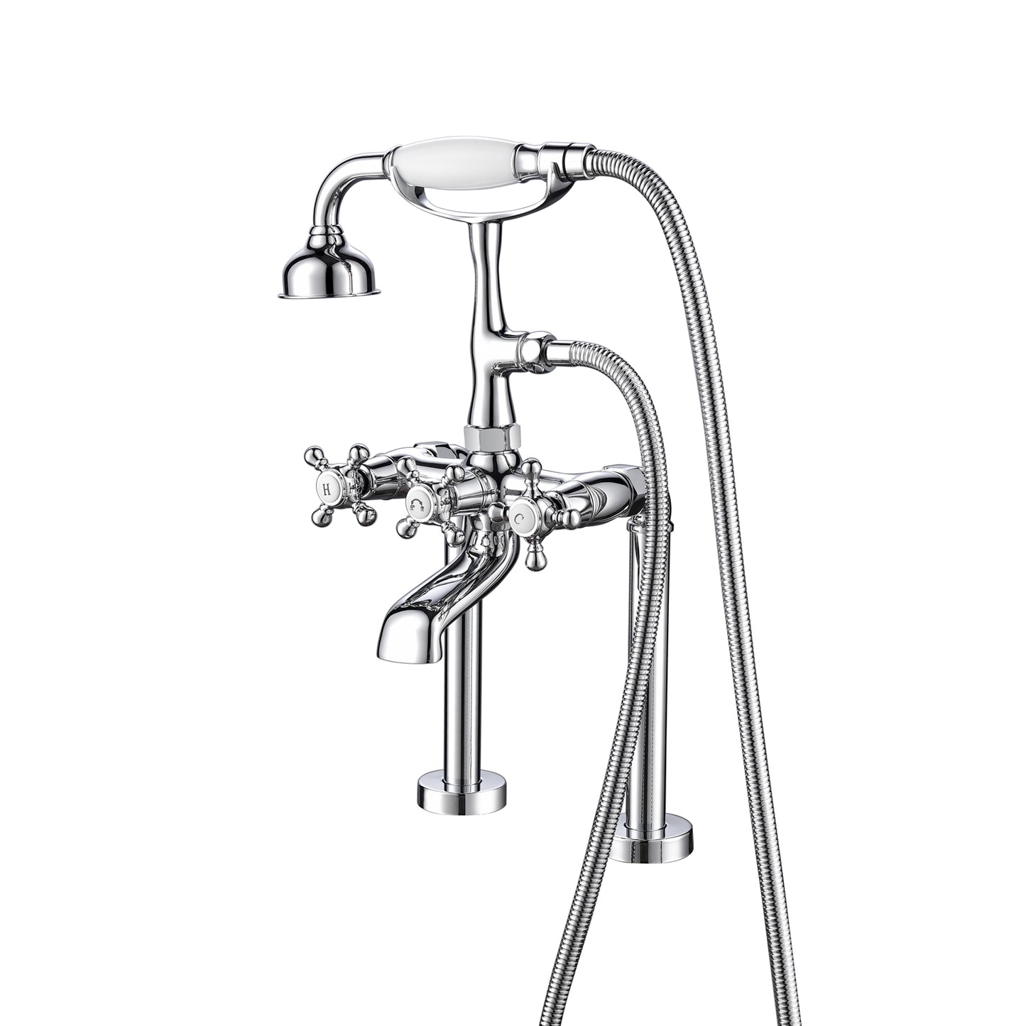 Tall Tub Deck Mount Faucet with Hand Shower & Cross Handles in Chrome