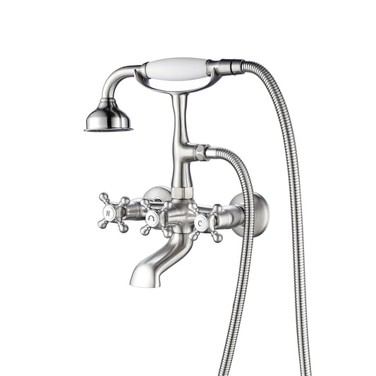 Wall Mount Tub Faucet with Hand Shower and 3 Cross Handles in Brushed Nickel