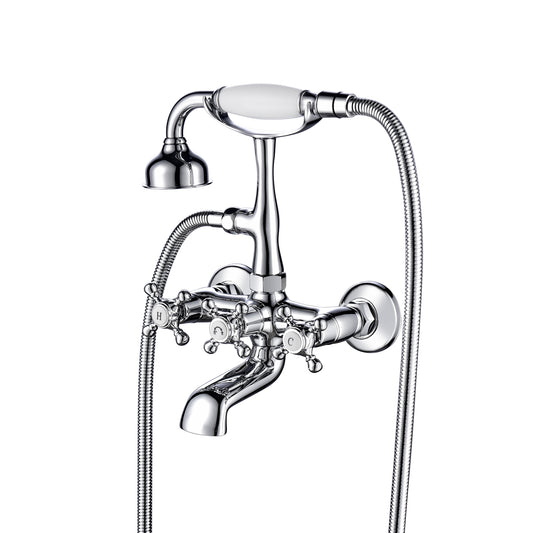 Wall Mount Tub Faucet with Hand Shower and 3 Cross Handles in Chrome