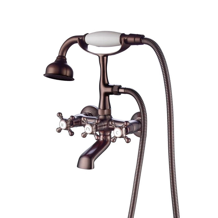 Wall Mount Tub Faucet with Hand Shower and 3 Cross Handles in Oil Rubbed Bronze