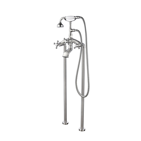 Floor-Mounted Curved Body Tub Faucet with Hand Shower in Brushed Nickel