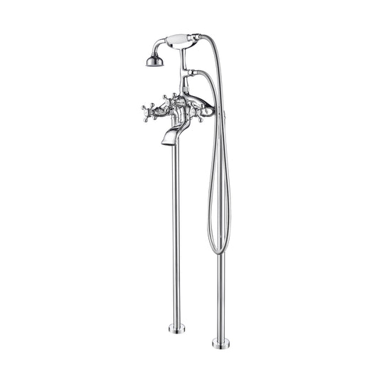 Floor-Mounted Curved Body Tub Faucet with Hand Shower in Chrome