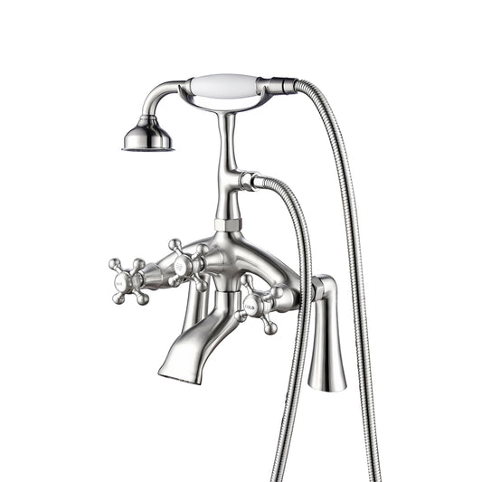Antique Tub Rim Faucet with 8" Centers,Hand Shower, & Cross Handles Brushed Nickel