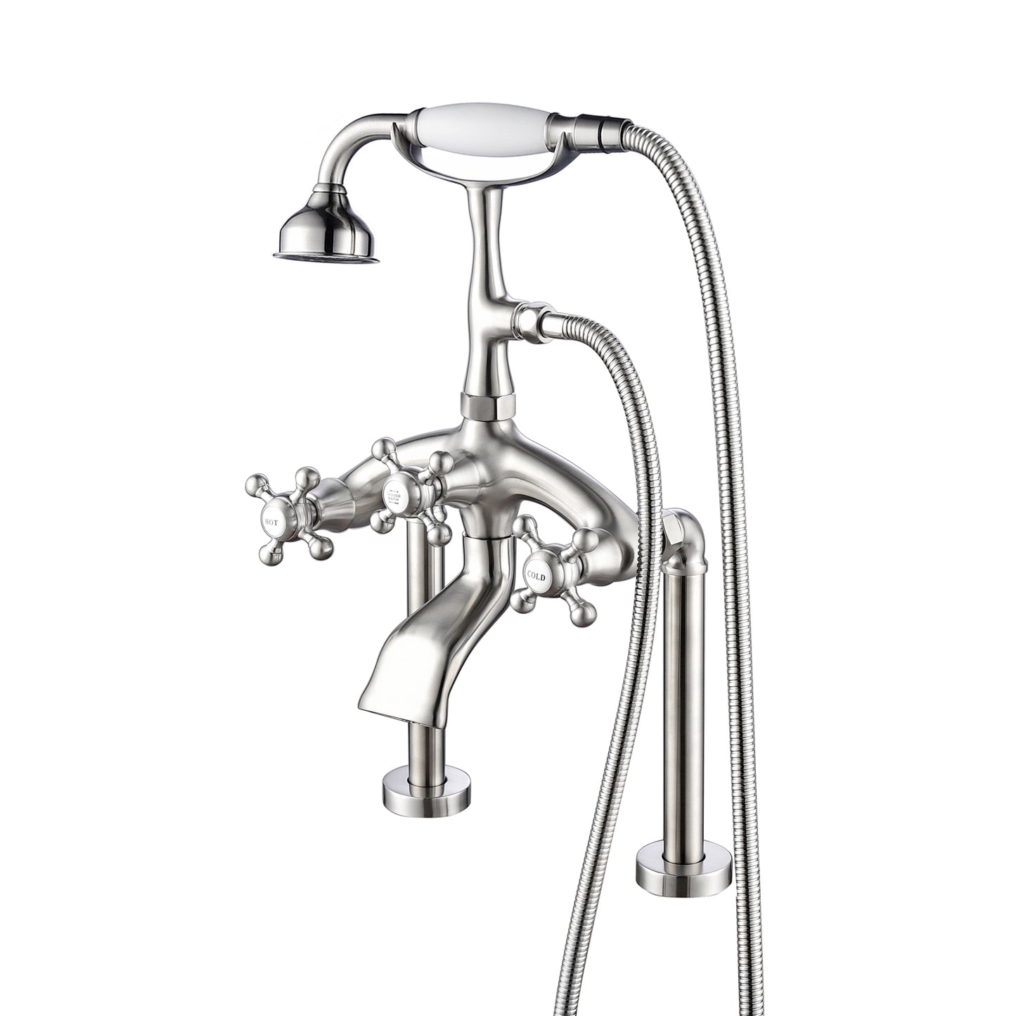 Tall Tub Rim Faucet with 8" Centers, Hand Shower, & Cross Handles Brushed Nickel