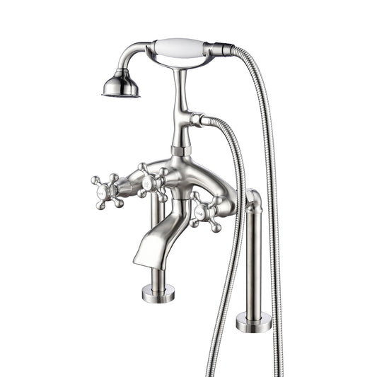 Tall Tub Rim Faucet with 8" Centers, Hand Shower, & Cross Handles Brushed Nickel