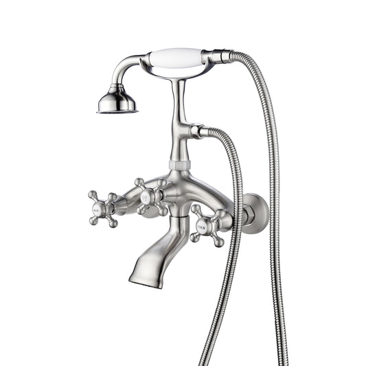 Wall Mount Tub Faucet with 8" Centers, Hand Shower, & Cross Handles Brushed Nickel