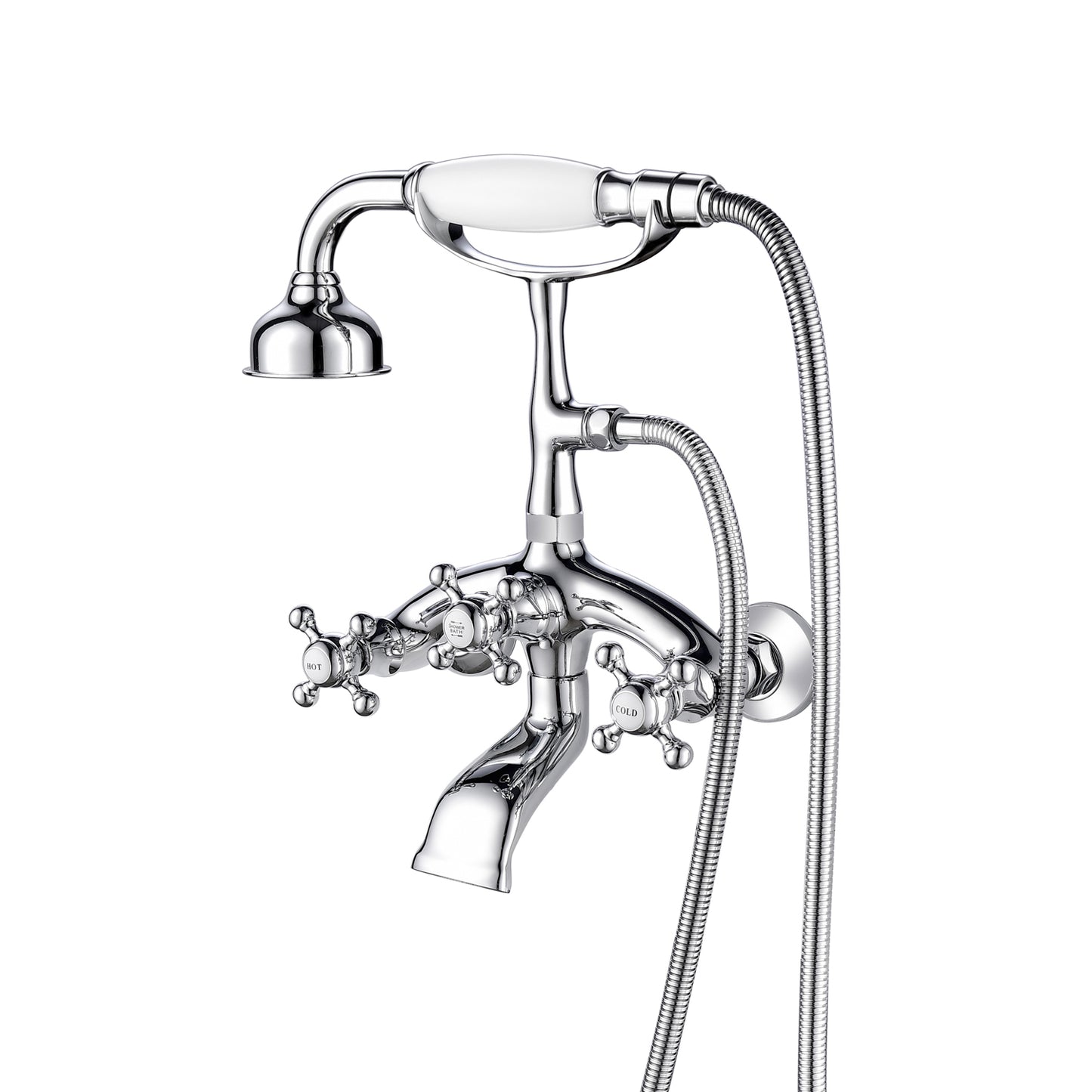 Wall Mount Tub Faucet with 8" Centers, Hand Shower, & Cross Handles Chrome