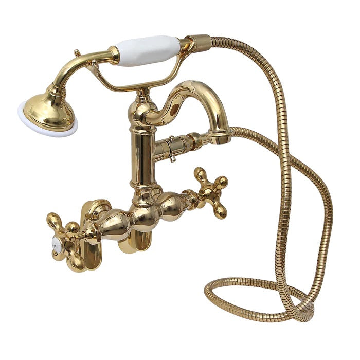 Tub Wall Swivel Mount Faucet with Hand Shower & Cross Handles Polished Brass