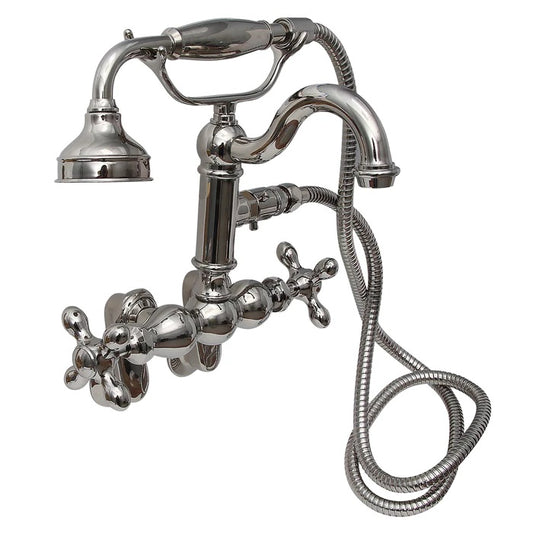 Traditional Tub Wall Mount Faucet Kit with Hand Shower & Cross Handles in Polished Nickel