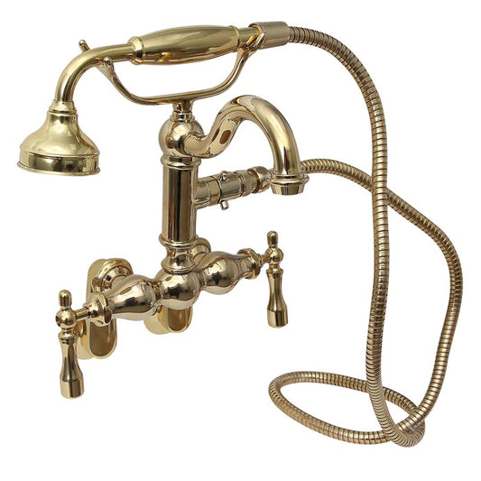 Traditional Tub Wall Mount Faucet Kit with Hand Shower & Cross Handles in Polished Brass