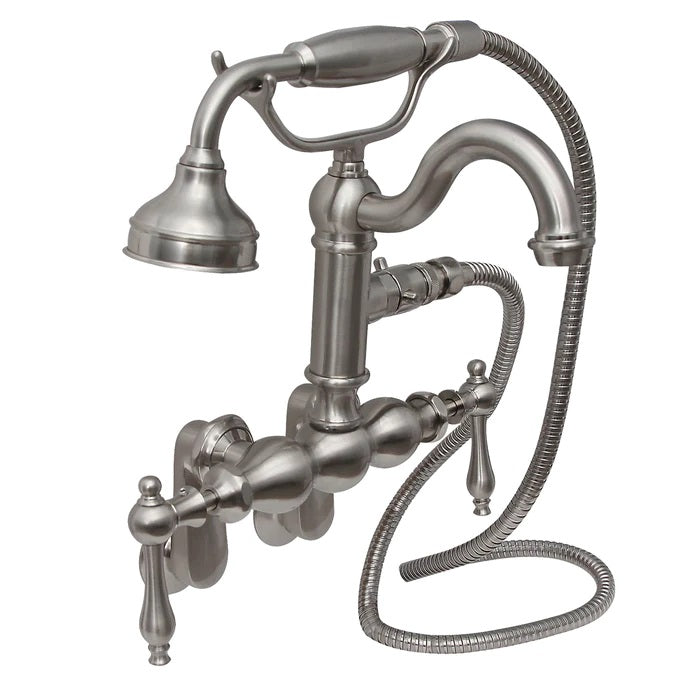 Traditional Tub Wall Mount Faucet Kit with Hand Shower & Finial Lever Handles in Brushed Nickel