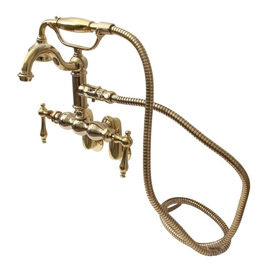 Traditional Tub Wall Mount Faucet Kit with Hand Shower & Finial Lever Handles Polished Brass