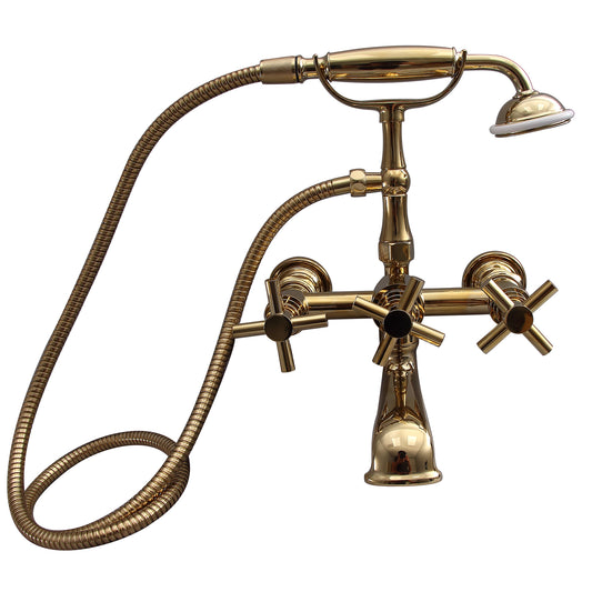 Contemporary 3 Handle Tub Faucet Kit with Hand Shower in Polished Brass