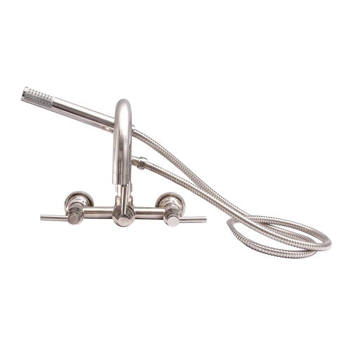 Tub Wall Mount Gooseneck Faucet with Hand Shower & Lever Handles Polished Nickel