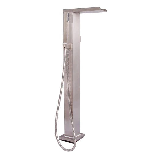 Coomera Floor-Mount Thermostatic Waterfall Tub Faucet with Hand Shower Brushed Stainless