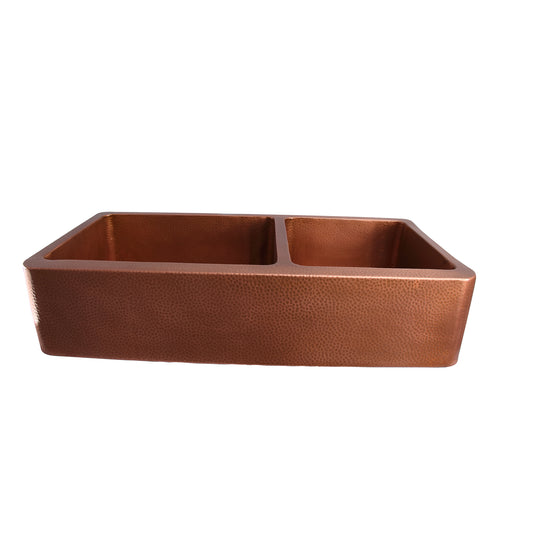 Pandan Copper 42" Offset Double Bowl Apron Kitchen Sink Hammered Finish