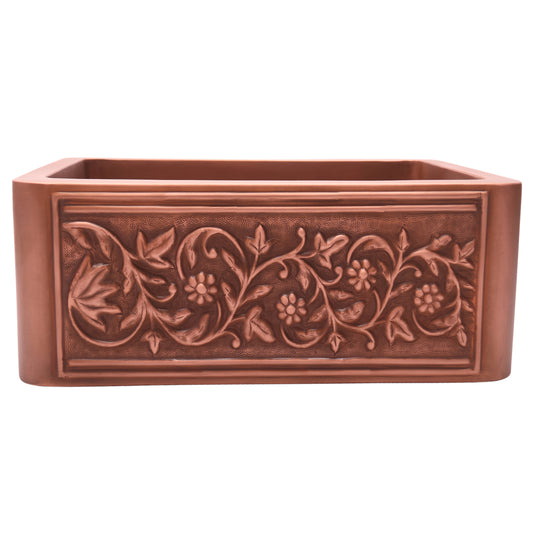 Cilantro Copper 33" Embossed Single Bowl Apron Kitchen Sink Antique Finish