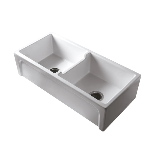 Myron Double Bowl Fireclay 39" Apron Kitchen Sink White Finish