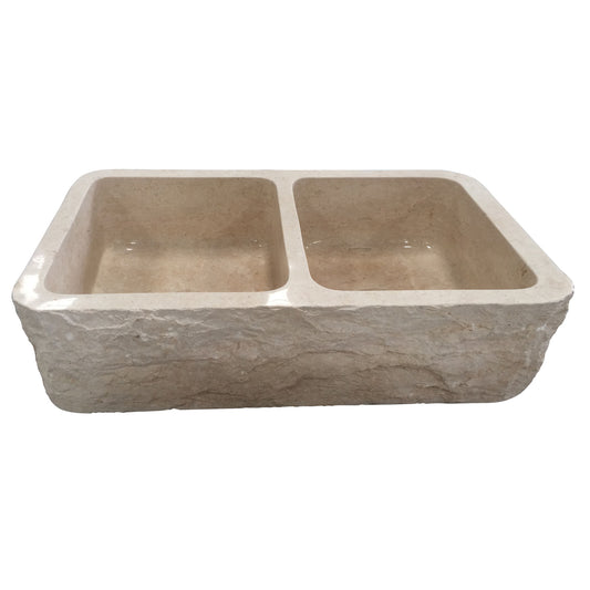 Rushmore 33" Double Bowl Marble Apron Kitchen Sink Chiseled Front