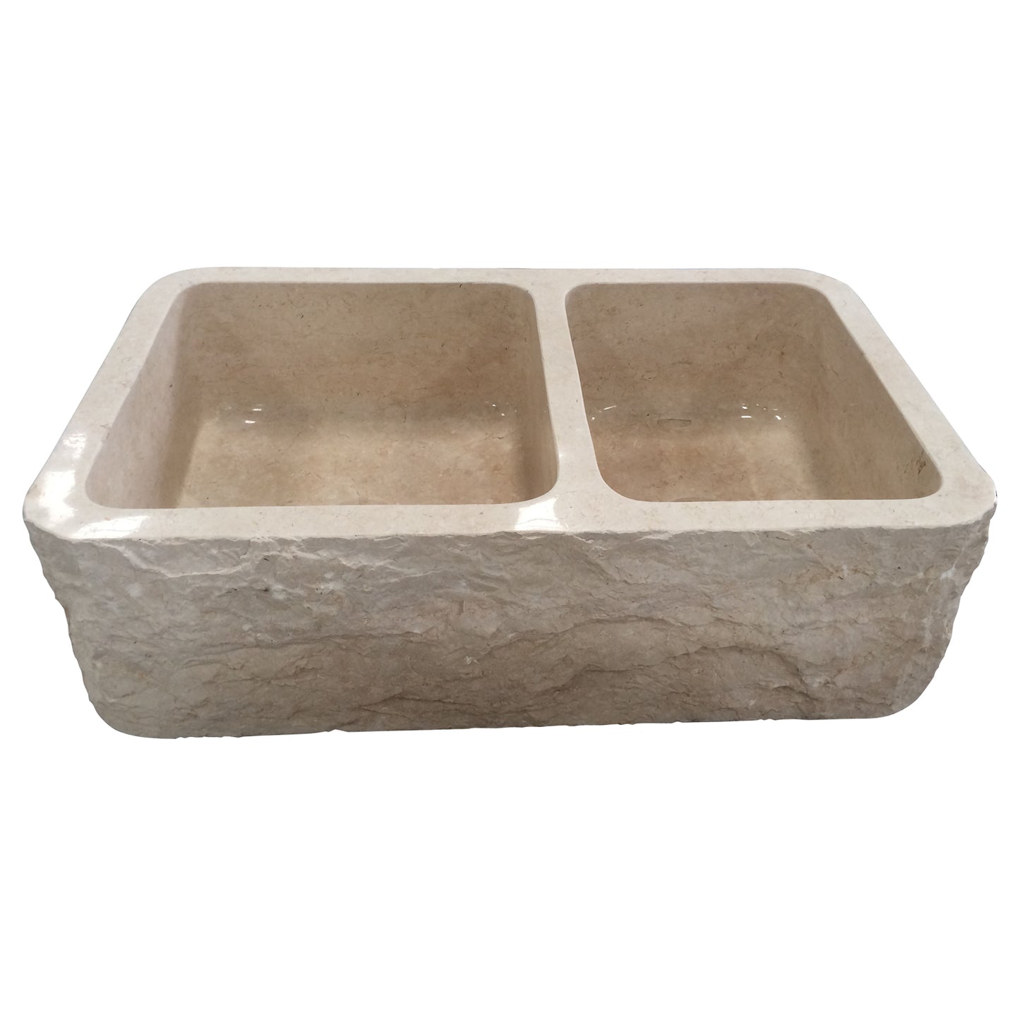 Ranier 36" Offset Double Bowl Marble Apron Kitchen Sink Chiseled Front