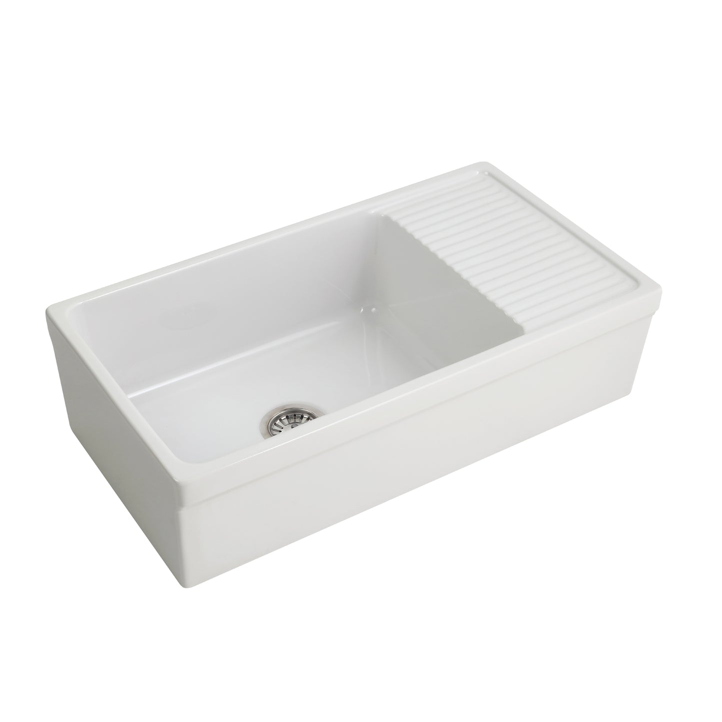 Inez 36" Single Bowl Fireclay Apron Kitchen Sink with Drainboard in White