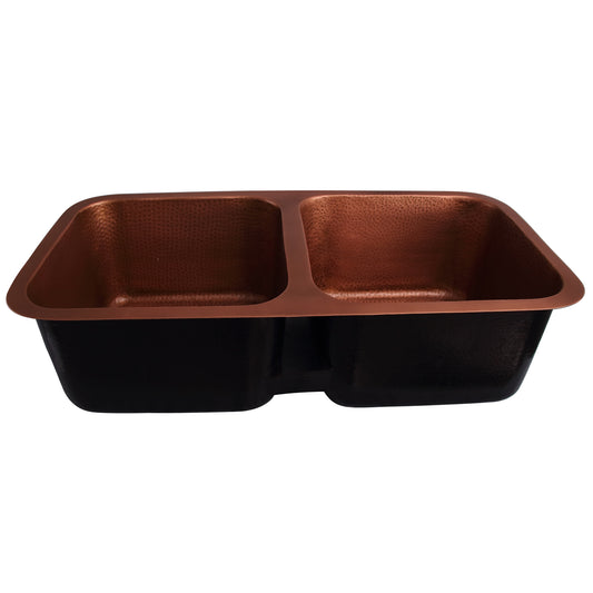Severn 35" Copper Double Bowl Undermount Kitchen Sink Hammered Finish