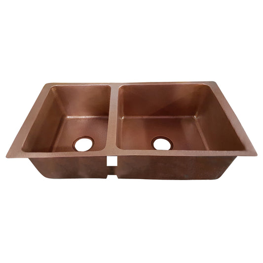 Sonora 37" Copper Double Bowl Undermount Kitchen Sink Hammered Finish