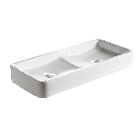 Rosalie Vessel Basin Sink 31-1/2" Large Double Bowl in White for Single Hole Faucets