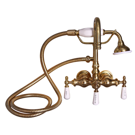 Clawfoot Tub Gooseneck Faucet with Hand Shower & Porcelain Lever Handles in Polished Brass