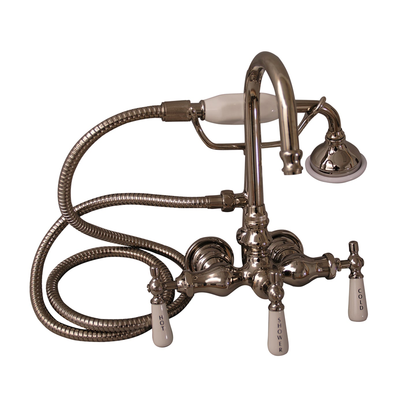 Clawfoot Tub Gooseneck Faucet with Hand Shower & Porcelain Lever Handles in Polished Nickel