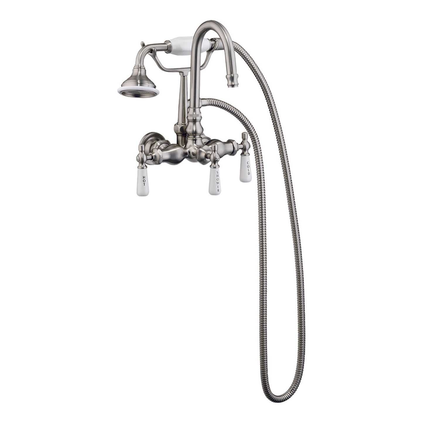 Clawfoot Tub Gooseneck Faucet with Hand Shower & Porcelain Lever Handles in Brushed Nickel