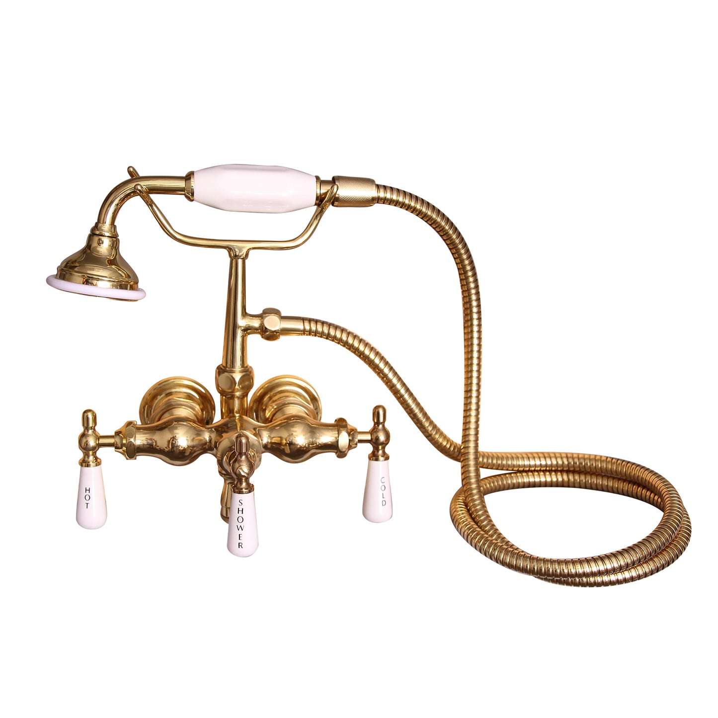 Clawfoot Tub Spigot Faucet with Hand Shower & Porcelain Lever Handles in Polished Brass