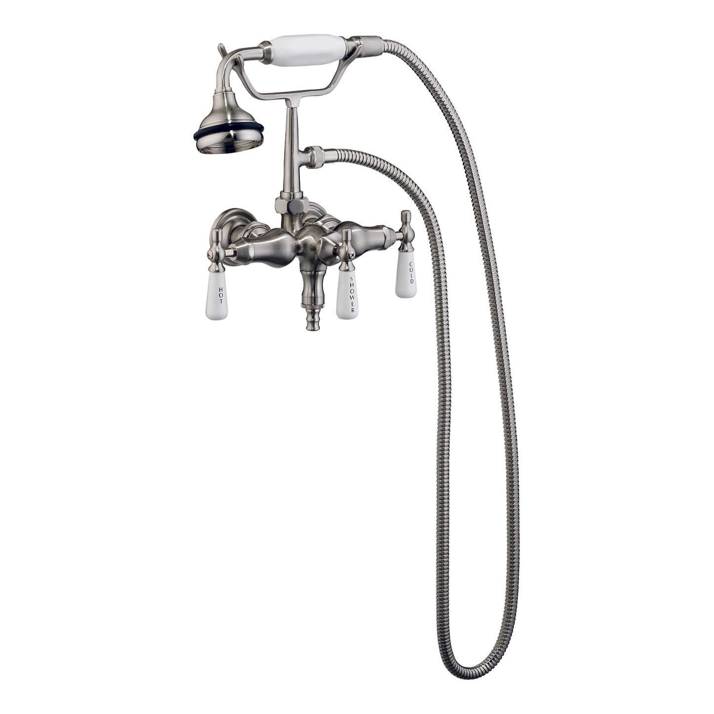 Clawfoot Tub Spigot Faucet with Hand Shower & Porcelain Lever Handles in Brushed Nickel
