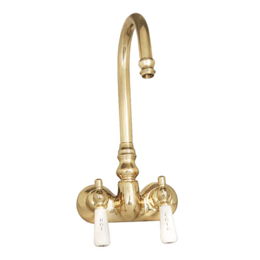 Gooseneck Tub Filler Faucet with Porcelain Lever Handles Polished Brass