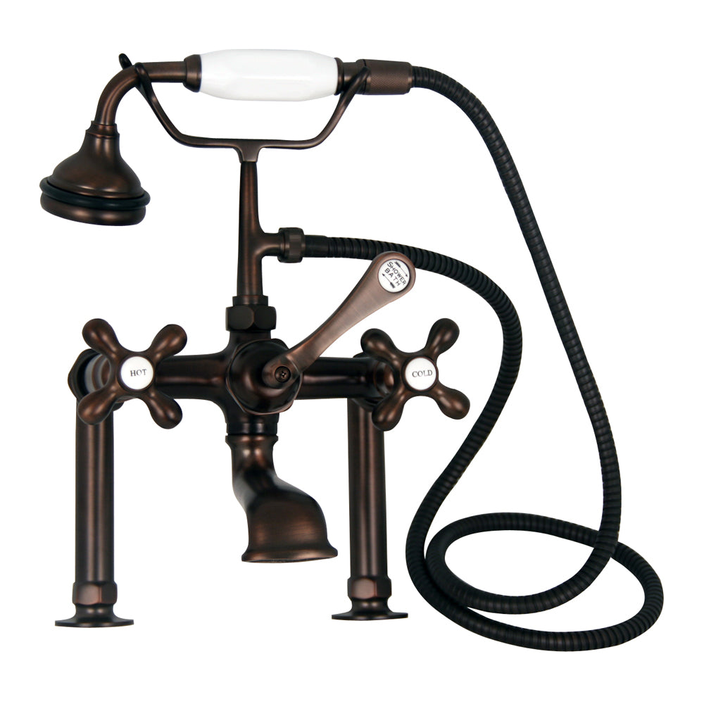 Tub Deck Diverter Faucet with Hand Shower & Cross Handles in Oil Rubbed Bronze