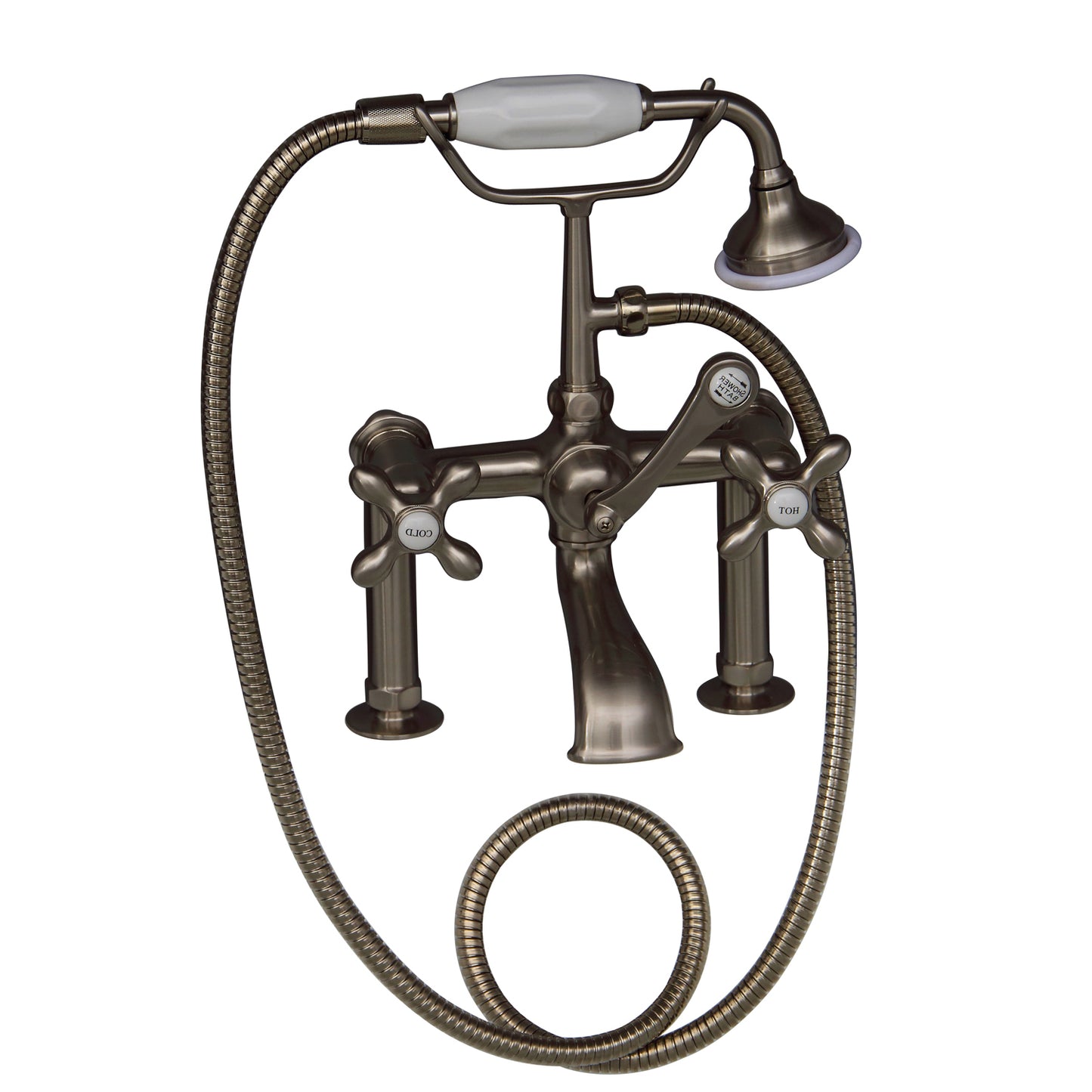 Tub Deck Diverter Faucet with Hand Shower & Cross Handles in Brushed Nickel