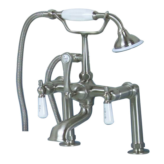 Tub Deck Diverter Faucet with Hand Shower & Lever Handles in Brushed Nickel