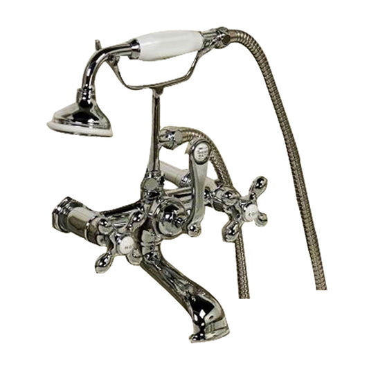 Wide Spout Tub Faucet, Hand Shower, Cross Handles, Chrome with Porcelain