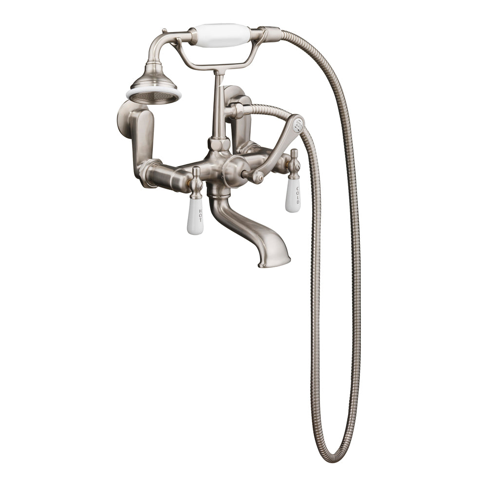 Wide Spout Tub Faucet, Hand Shower, Lever Handles, Brushed Nickel with Porcelain