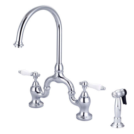Banner Kitchen Bridge Faucet, Sidesprayer & Porcelain Lever Handle, Chrome