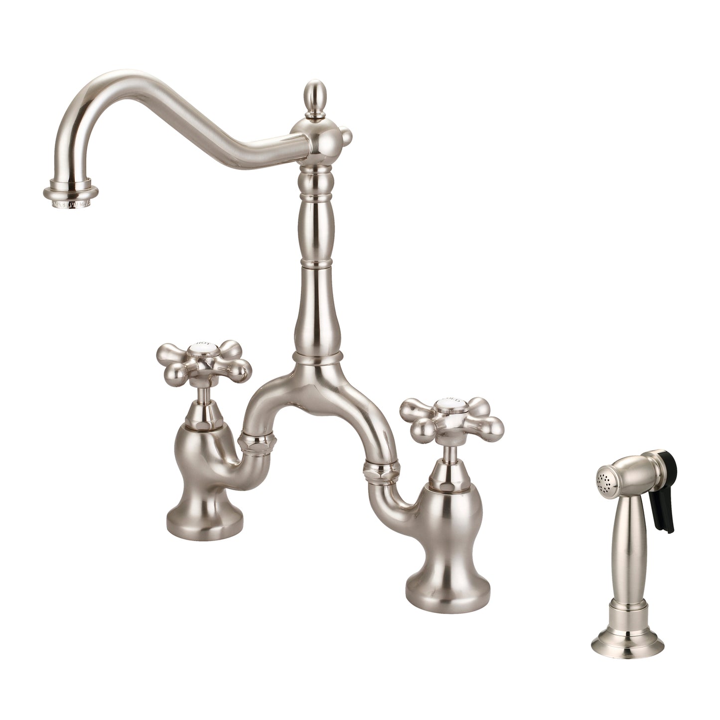 Carlton Kitchen Bridge Faucet, Sidesprayer & Metal Cross Handles, Brushed Nickel