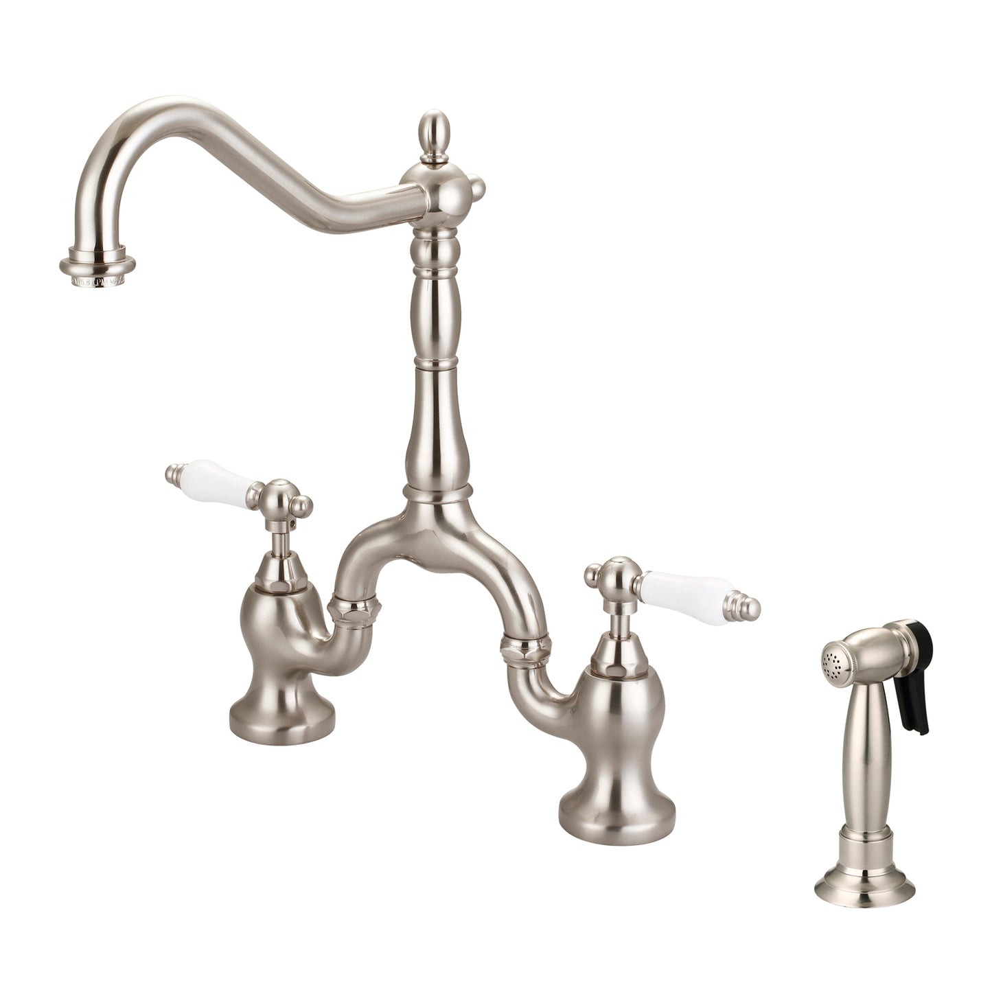 Carlton Kitchen Bridge Faucet, Sidesprayer & Porcelain Lever Handles, Brushed Nickel