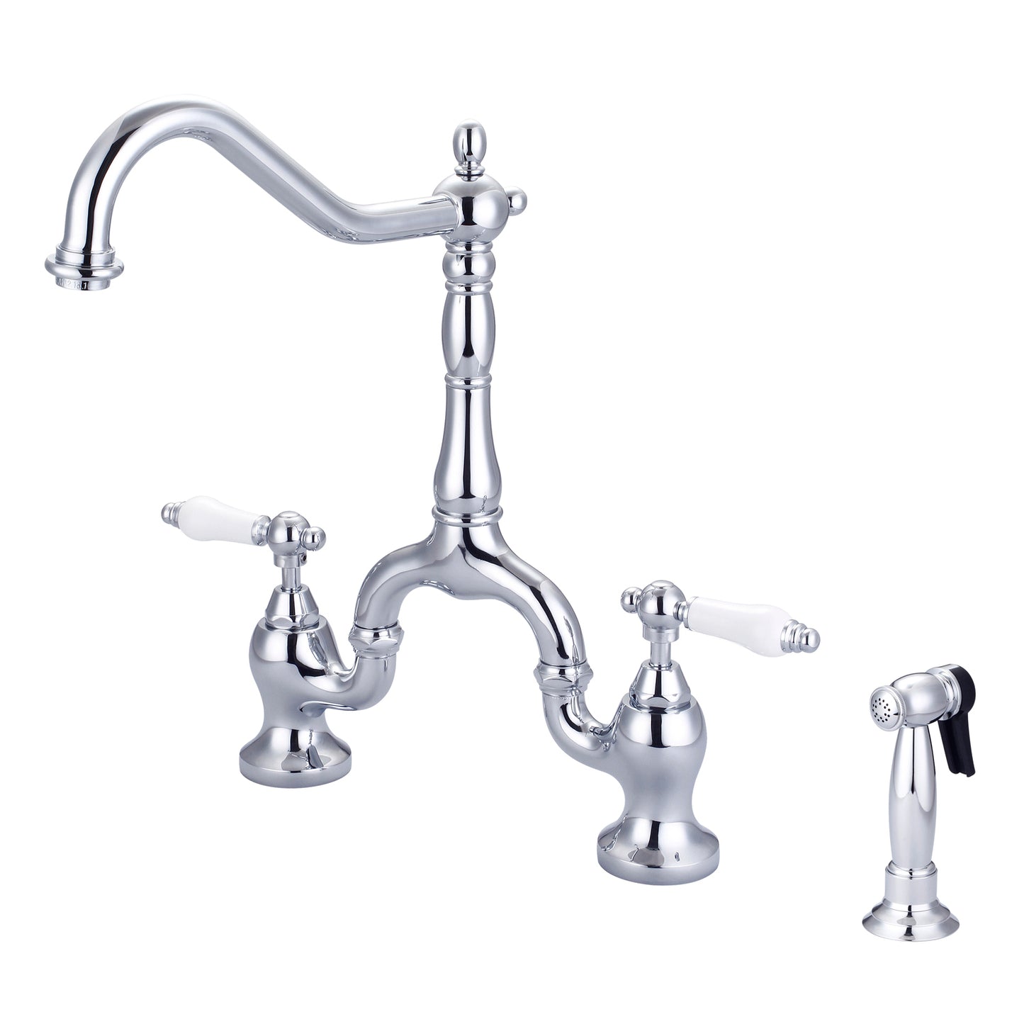 Carlton Kitchen Bridge Faucet, Sidesprayer & Porcelain Lever Handles, Chrome