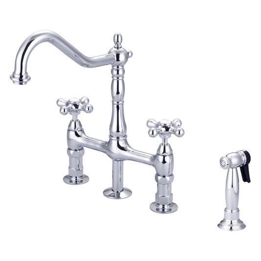 Emral Kitchen Bridge Faucet, Sidesprayer & Metal Cross Handles, Chrome